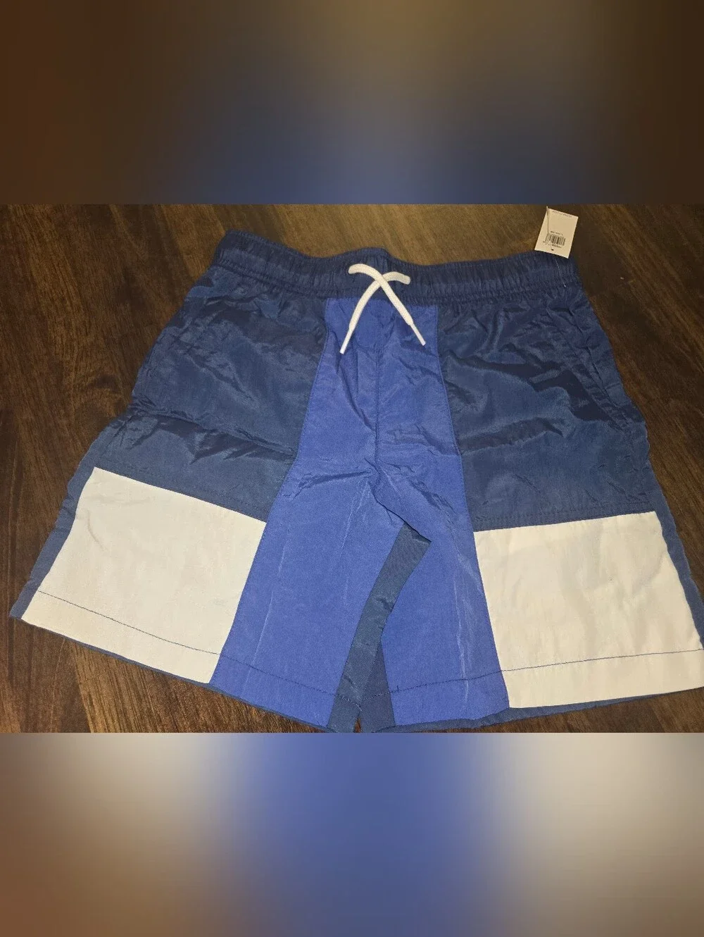 Old Navy Boys L Navy and Royal Blue Colorblock Swim Shorts with White Drawstring